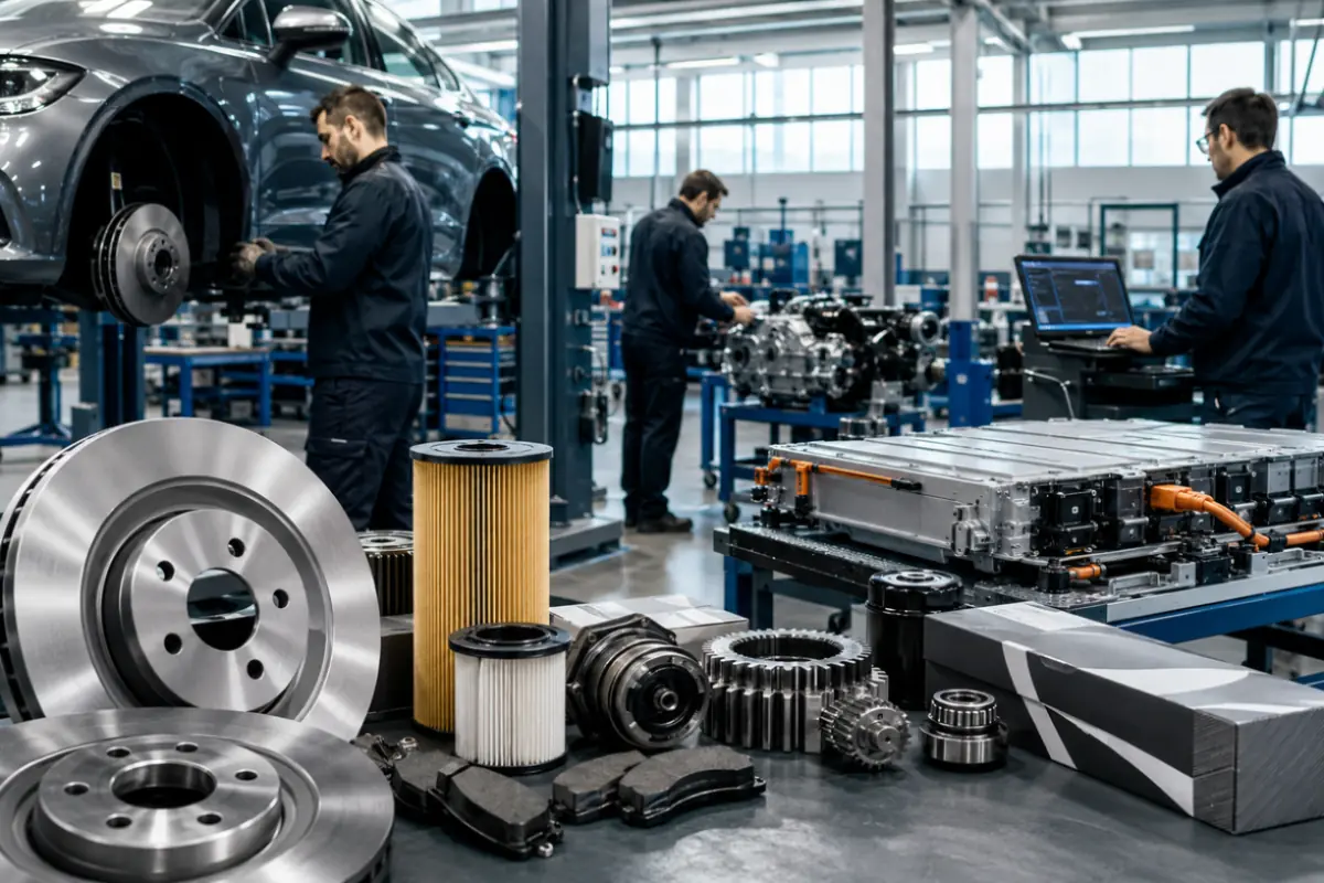 Officina automotive in Piemonte con componenti aftermarket, tecnici al lavoro e sistemi legati alla transizione tecnologica del settore auto