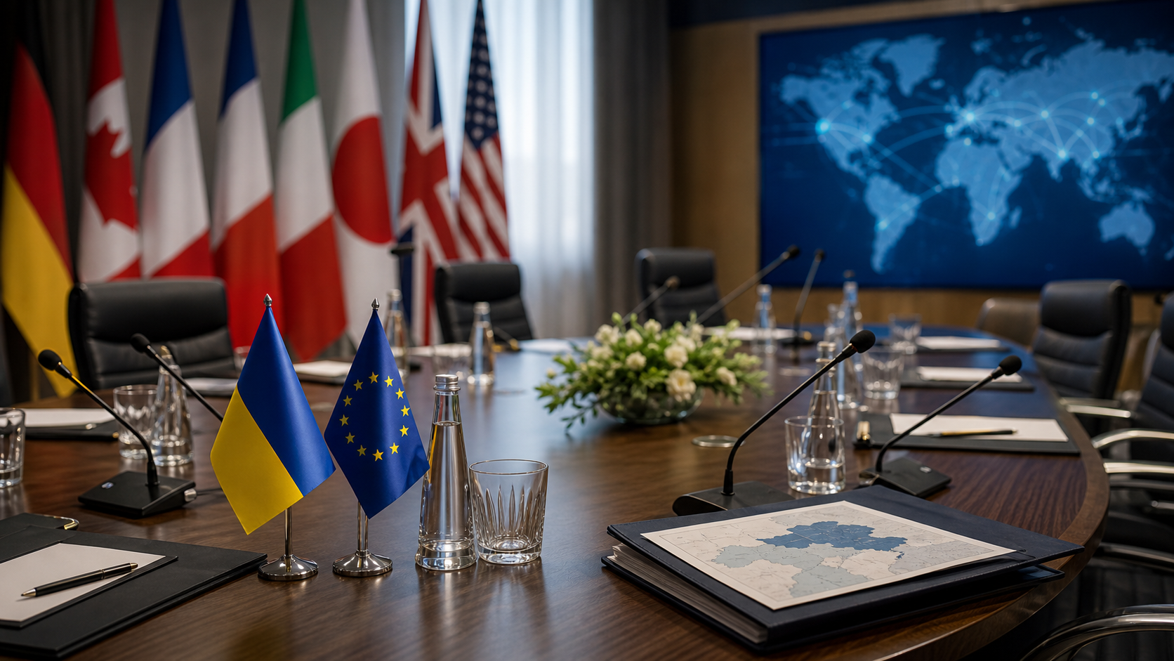Tavolo diplomatico internazionale con mappe e microfoni