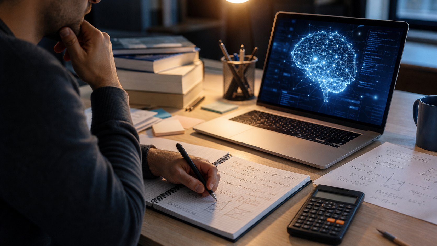 Scrivania con formule e laptop per articolo su intelligenza artificiale
