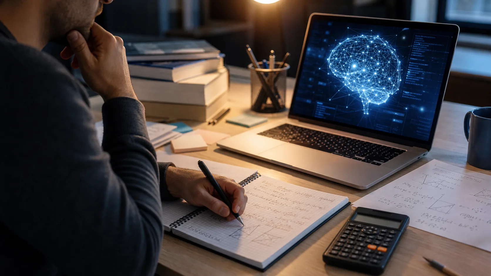 Scrivania con formule e laptop per articolo su intelligenza artificiale