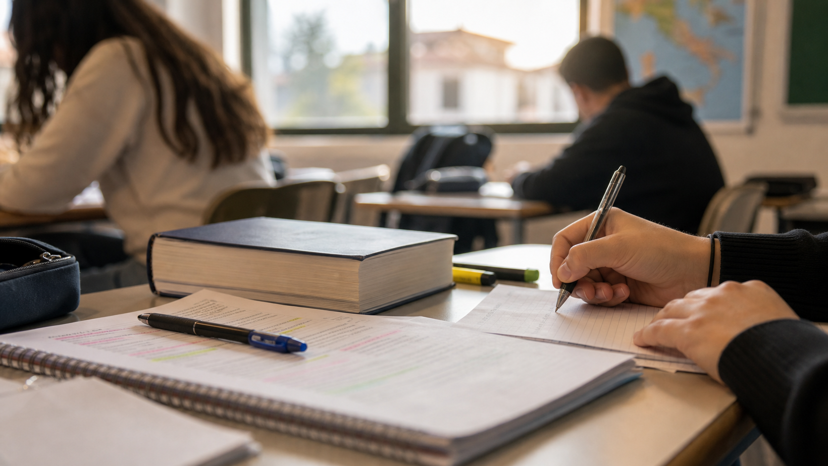 Banco di scuola con libri e appunti per la maturità 2026