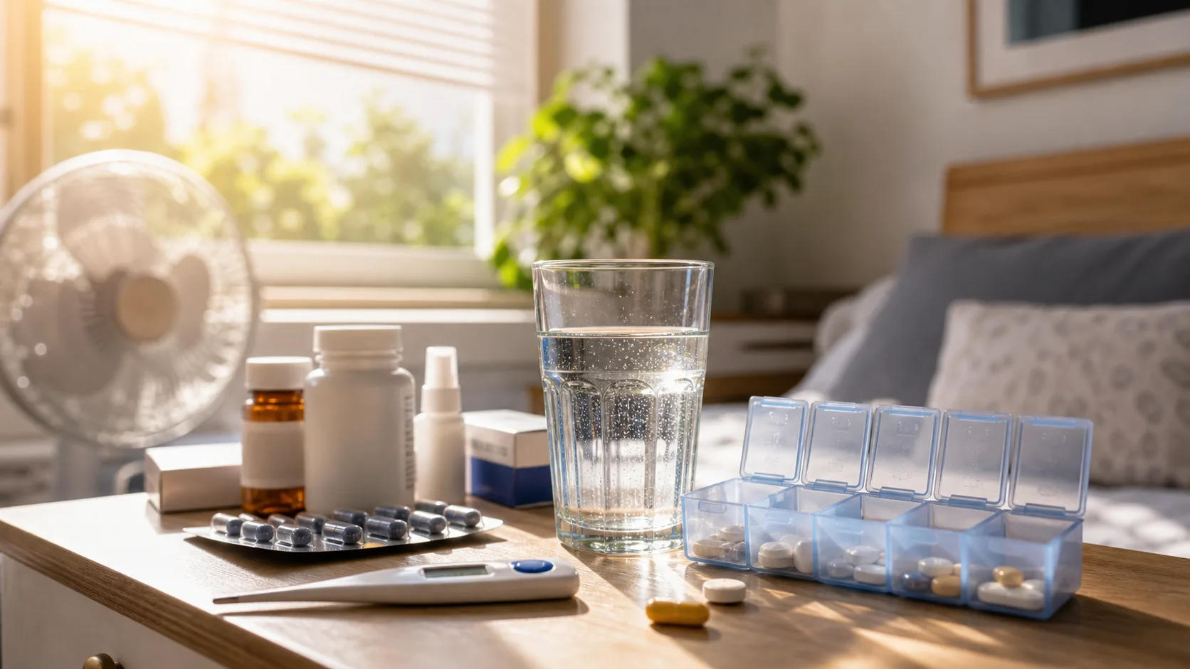 Medicinali e bicchiere d’acqua durante una giornata calda