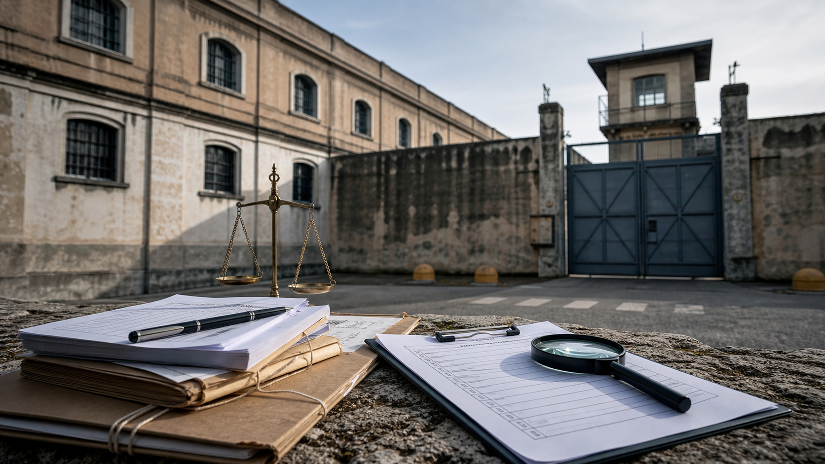 Struttura penitenziaria con documenti di verifica in primo piano