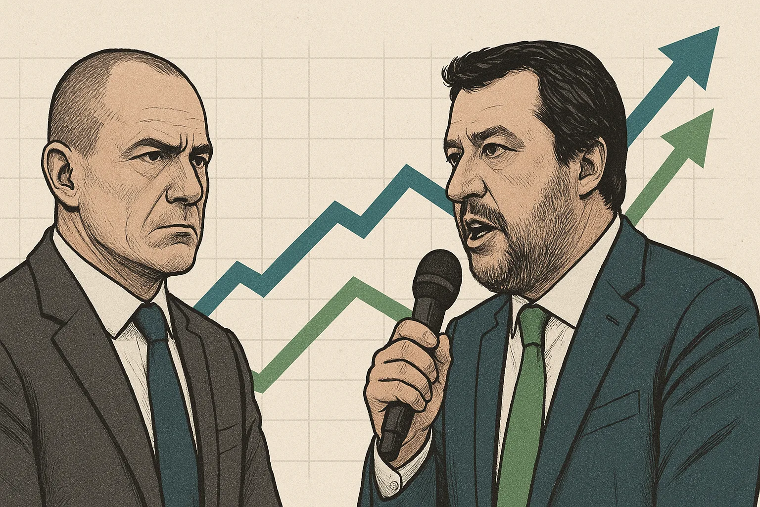 Un'illustrazione in stile giornalistico che rappresenta un confronto tra due politici italiani, Vannacci e un leader della Lega, con sfondo