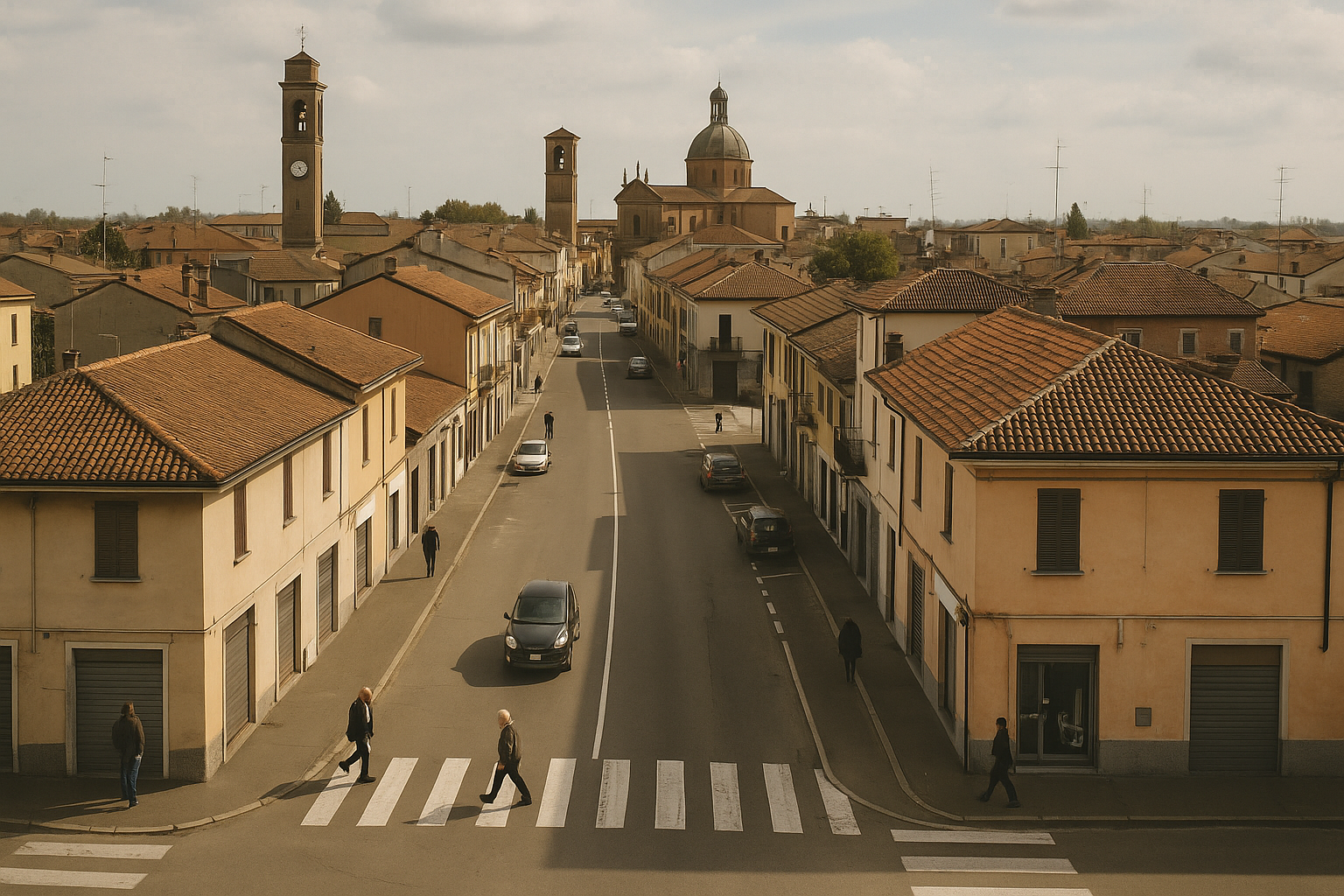 Una vista panoramica della cittadina di Garlasco con strade principali e qualche passante, atmosfera giornalistica reale.