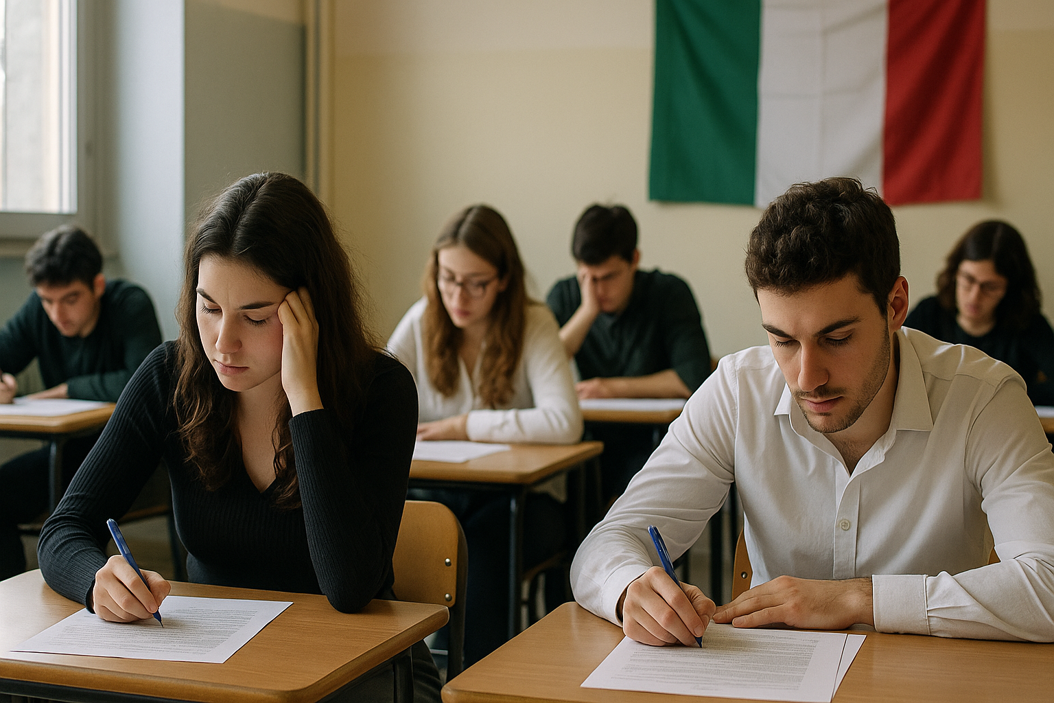 Un'aula scolastica italiana con studenti concentrati che affrontano la prova scritta di italiano, in un'atmosfera di tensione e concentrazio