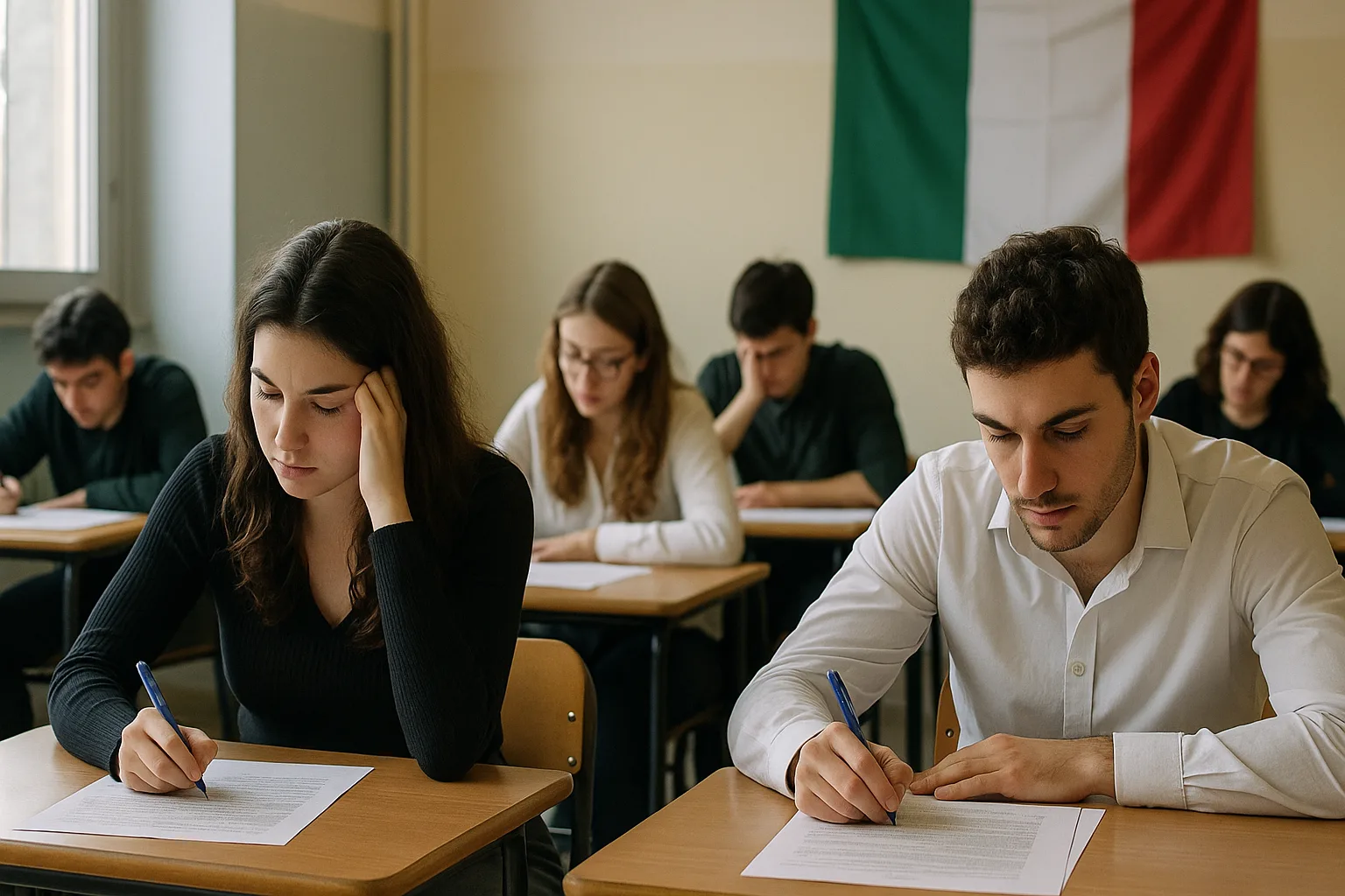 Un'aula scolastica italiana con studenti concentrati che affrontano la prova scritta di italiano, in un'atmosfera di tensione e concentrazio