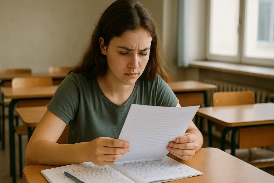 Una studentessa assorta mentre rilegge il proprio elaborato scritto durante la prova di italiano della Maturità 2026.