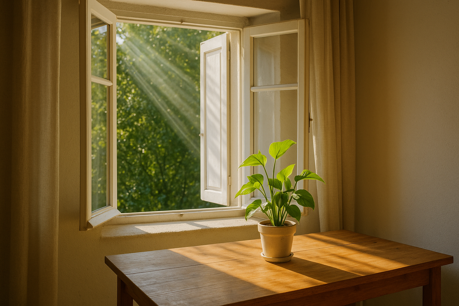 Una finestra aperta su un ambiente interno luminoso, con raggi di sole mattutino che illuminano una pianta verde e un tavolo in legno, in un