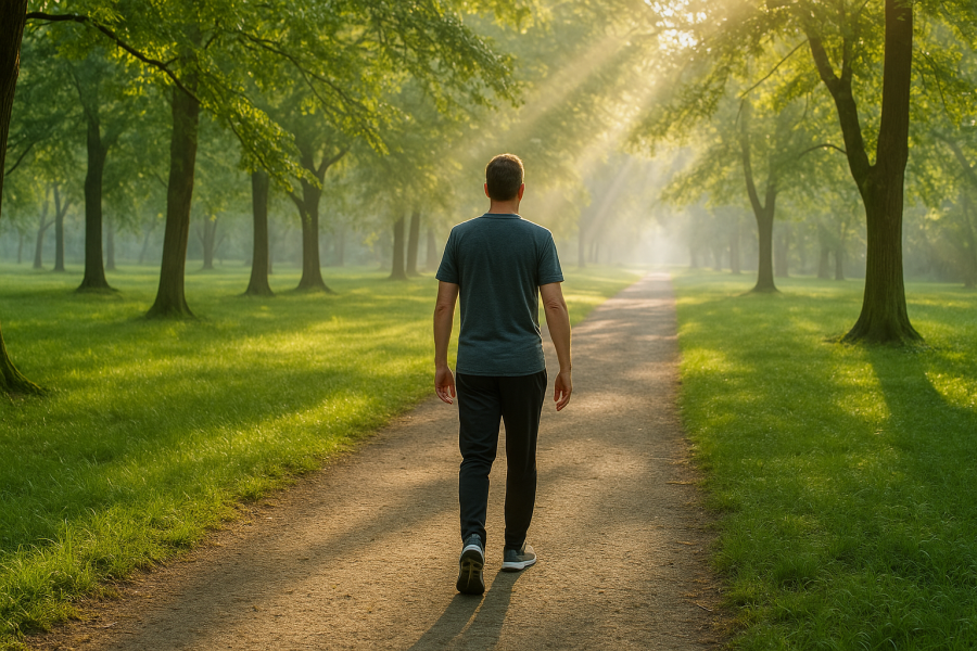 Persona che fa una passeggiata mattutina in un parco verde, con luce solare morbida e fresca che attraversa gli alberi.