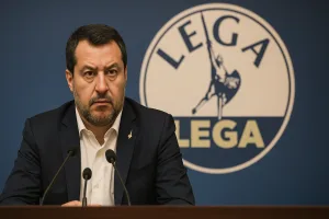 Matteo Salvini in conferenza stampa davanti al simbolo della Lega, atmosfera pol