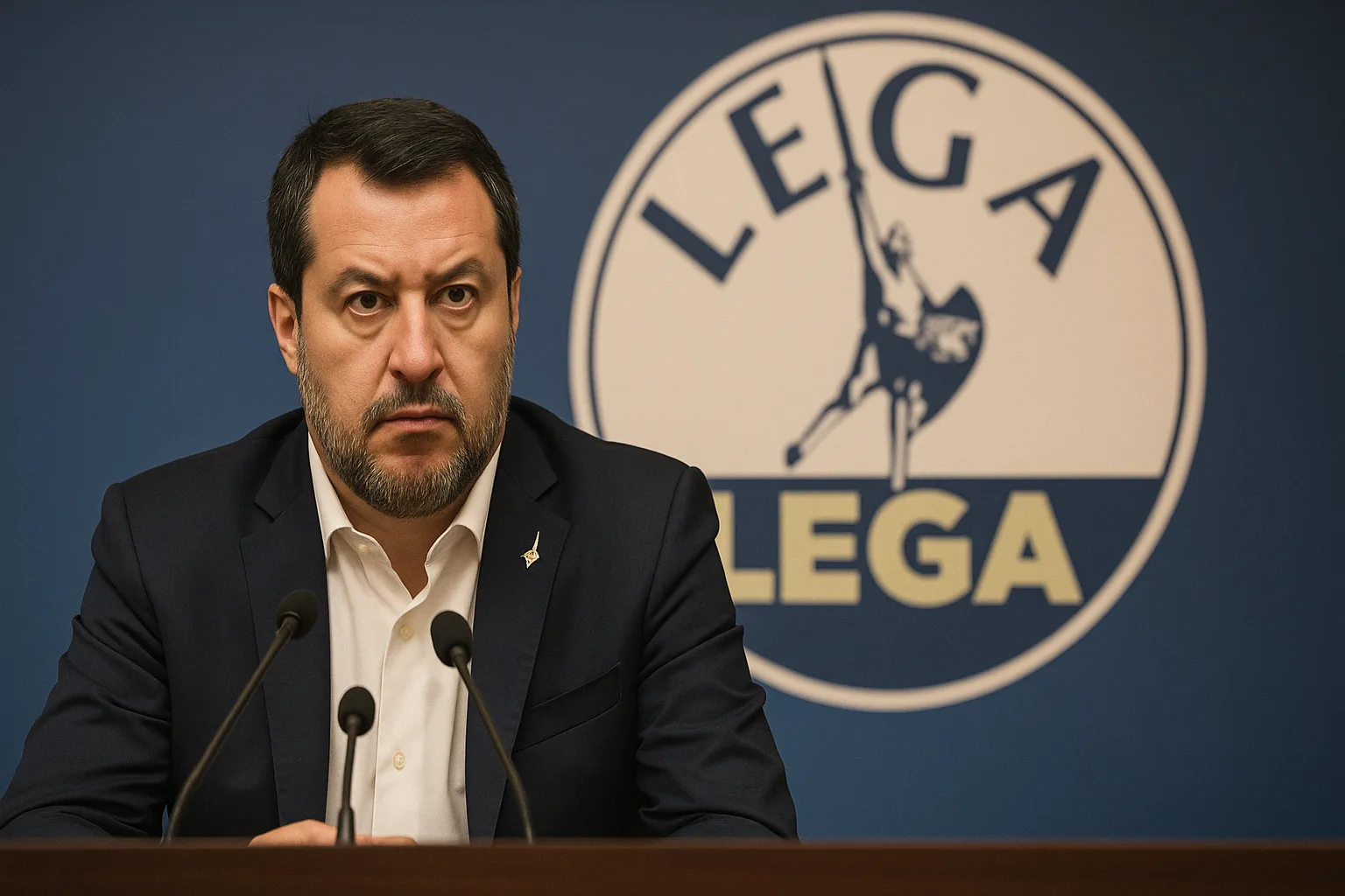 Matteo Salvini in conferenza stampa davanti al simbolo della Lega, atmosfera politica seria e determinata