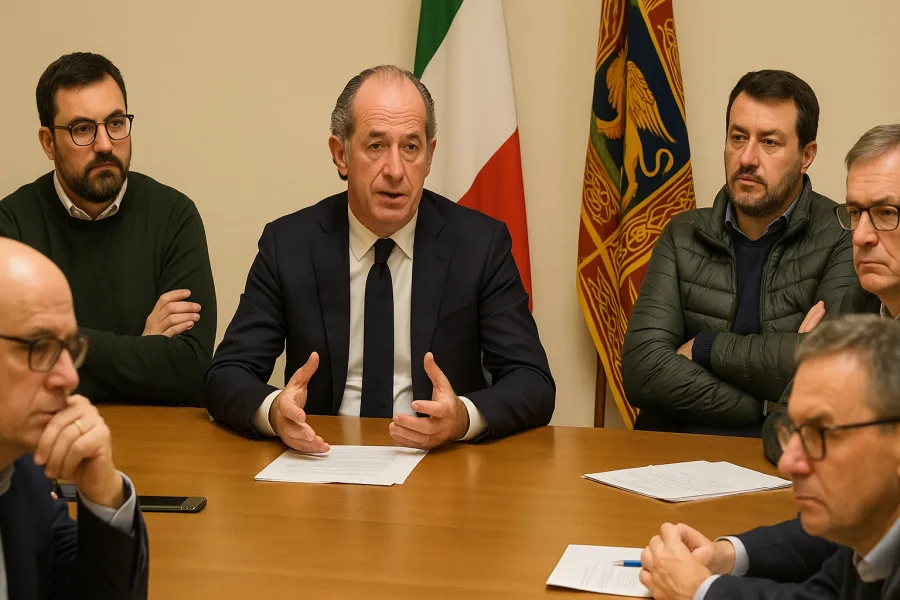 Incontro tra esponenti della Lega con Luca Zaia al centro durante una riunione politica in Veneto