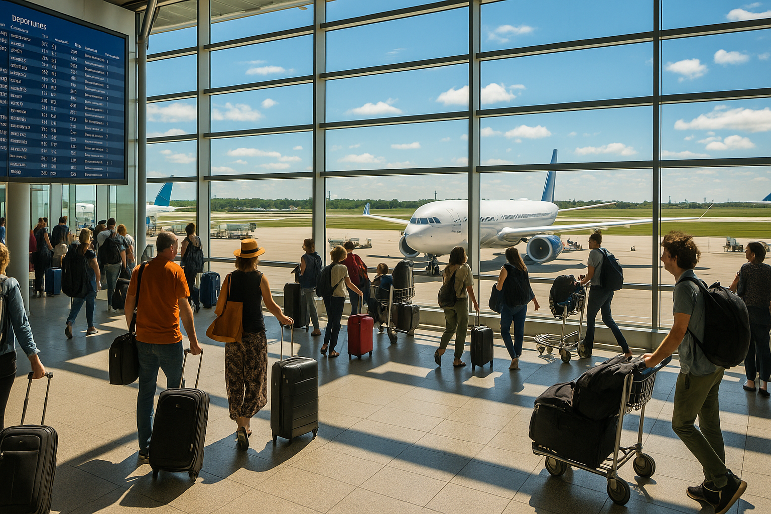 a busy international airport terminal with passengers checking flight information, luggage carts, and planes visible through large windows o