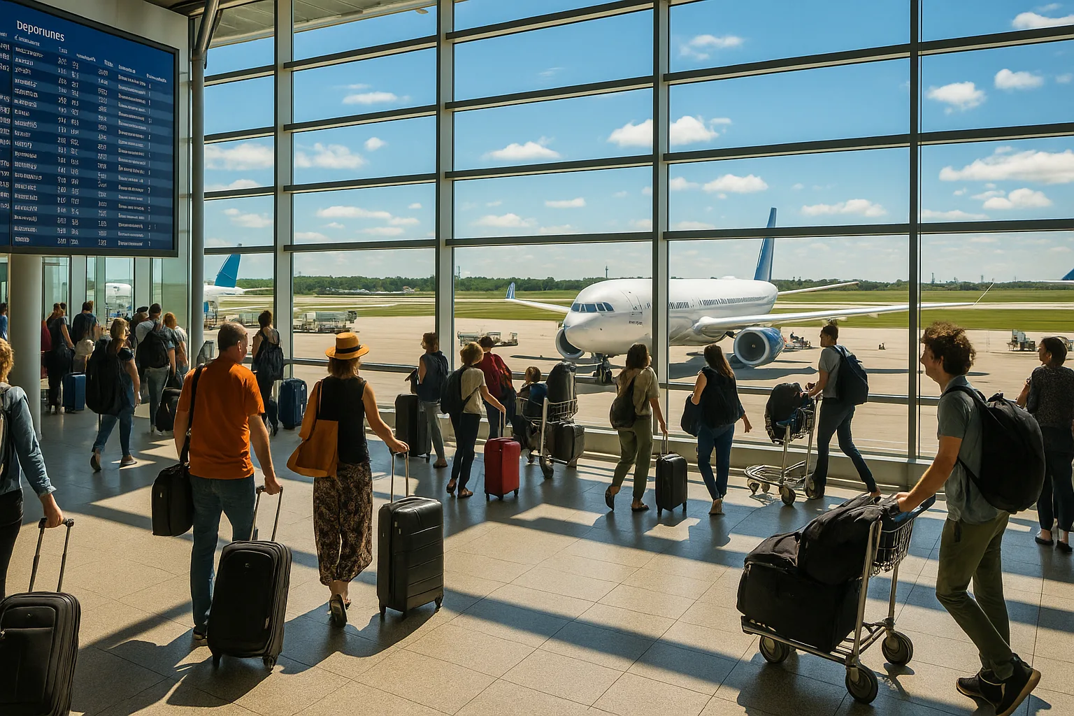 a busy international airport terminal with passengers checking flight information, luggage carts, and planes visible through large windows o