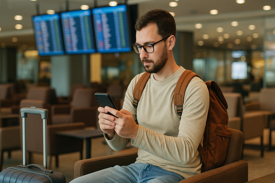 a traveler checking flight updates on smartphone inside an airport lounge with seating and departure boards in background