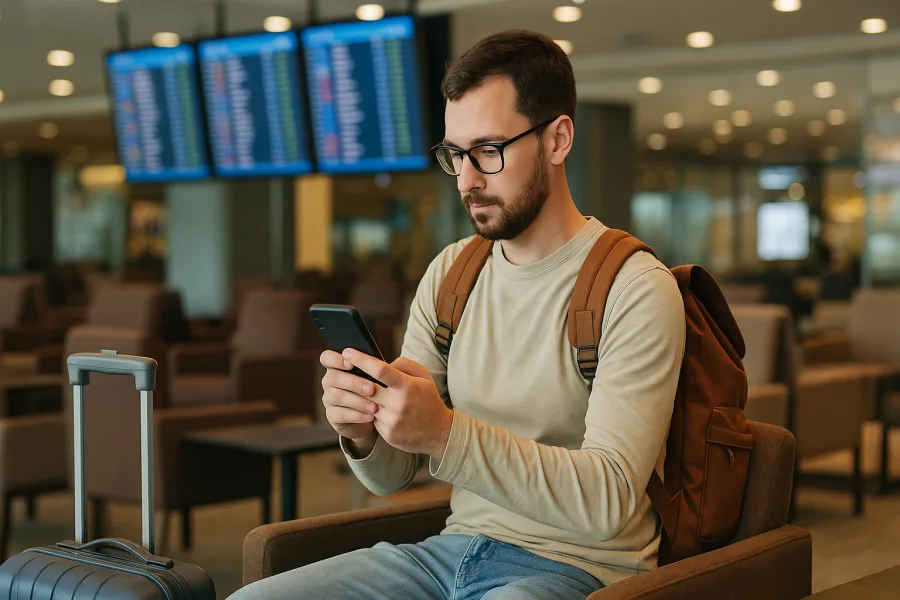a traveler checking flight updates on smartphone inside an airport lounge with seating and departure boards in background