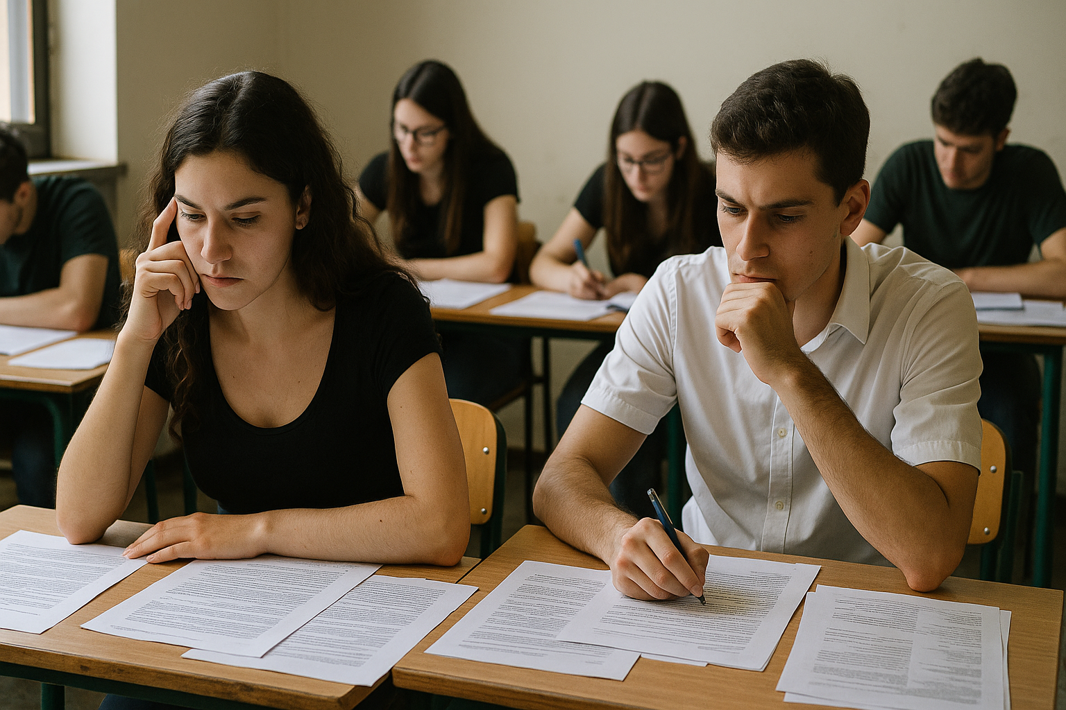 Un gruppo di studenti italiani seduti in aula durante la prova di maturità, con volti concentrati e appunti sparsi sui banchi, atmosfera di