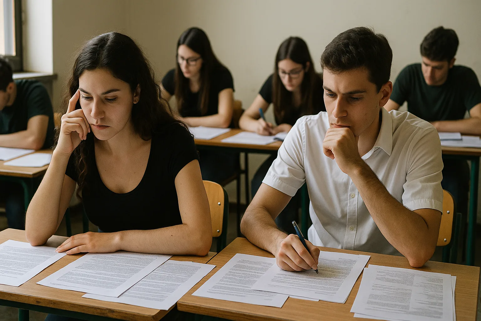 Un gruppo di studenti italiani seduti in aula durante la prova di maturità, con volti concentrati e appunti sparsi sui banchi, atmosfera di