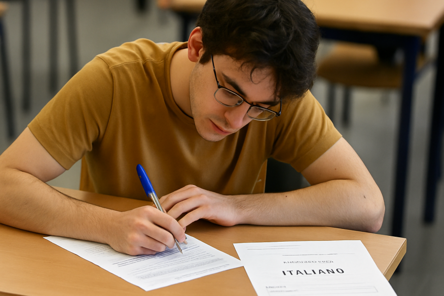 Primo piano di uno studente che scrive attentamente al suo banco durante la prova scritta d'Italiano alla maturità