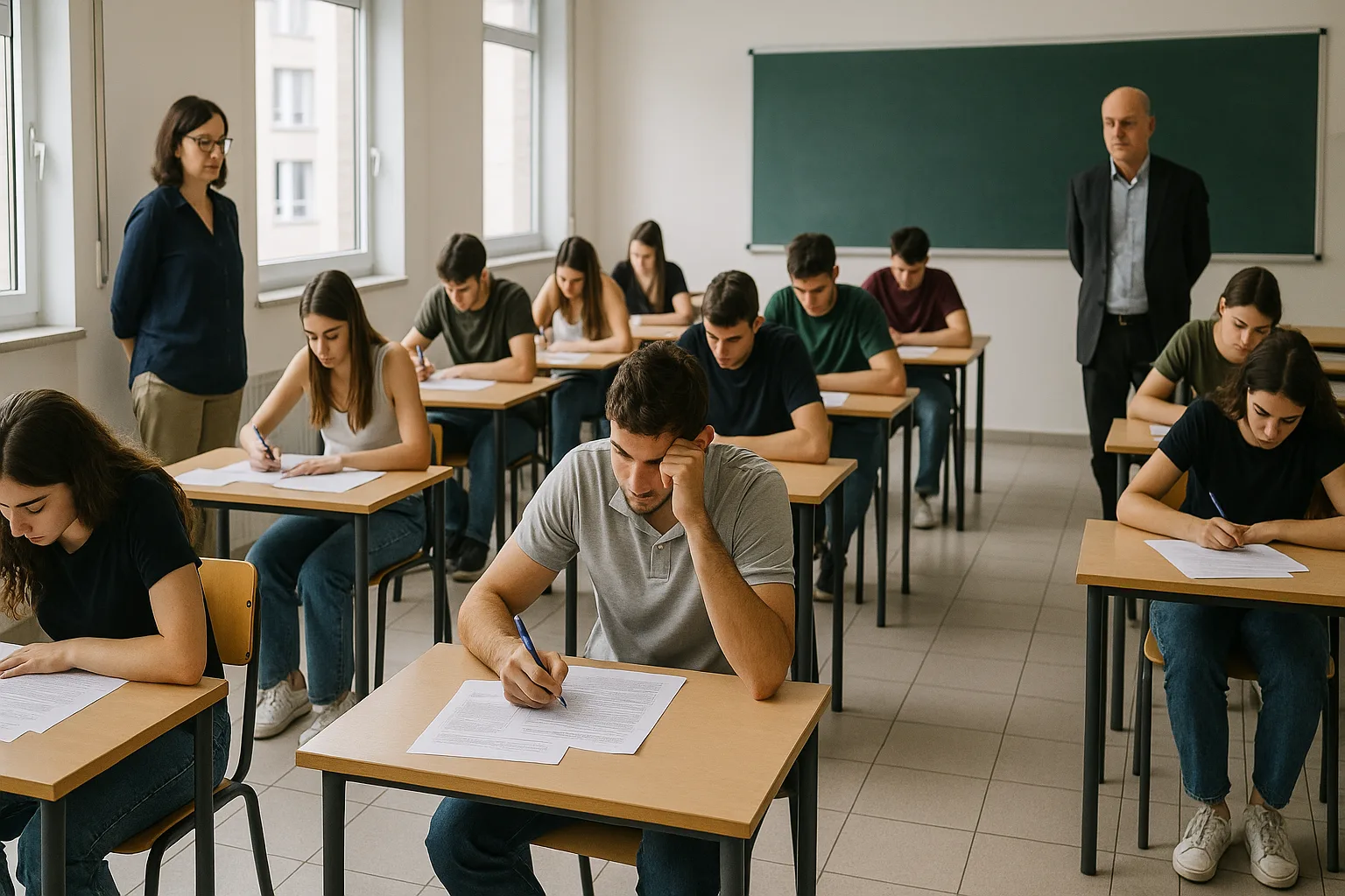 Un'aula scolastica italiana moderna durante la Maturità, con studenti concentrati e professori che assistono silenziosamente