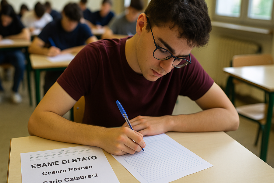 Studente di liceo mentre scrive la prima prova della Maturità con tracce su Pavese e Calabresi