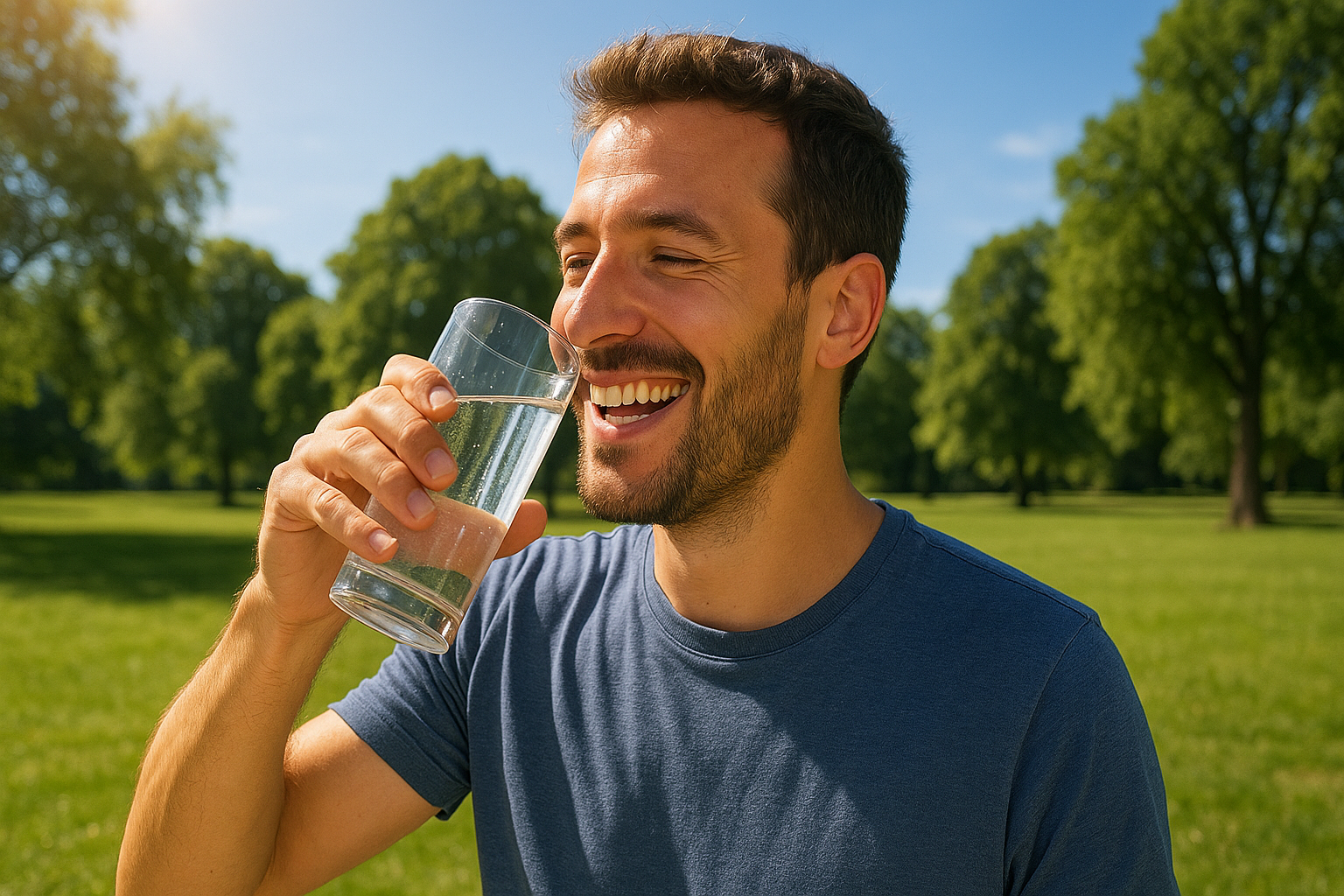 Una persona sorridente che beve un bicchiere d'acqua fresca sotto il sole estivo in un parco verde, con alberi e cielo azzurro.