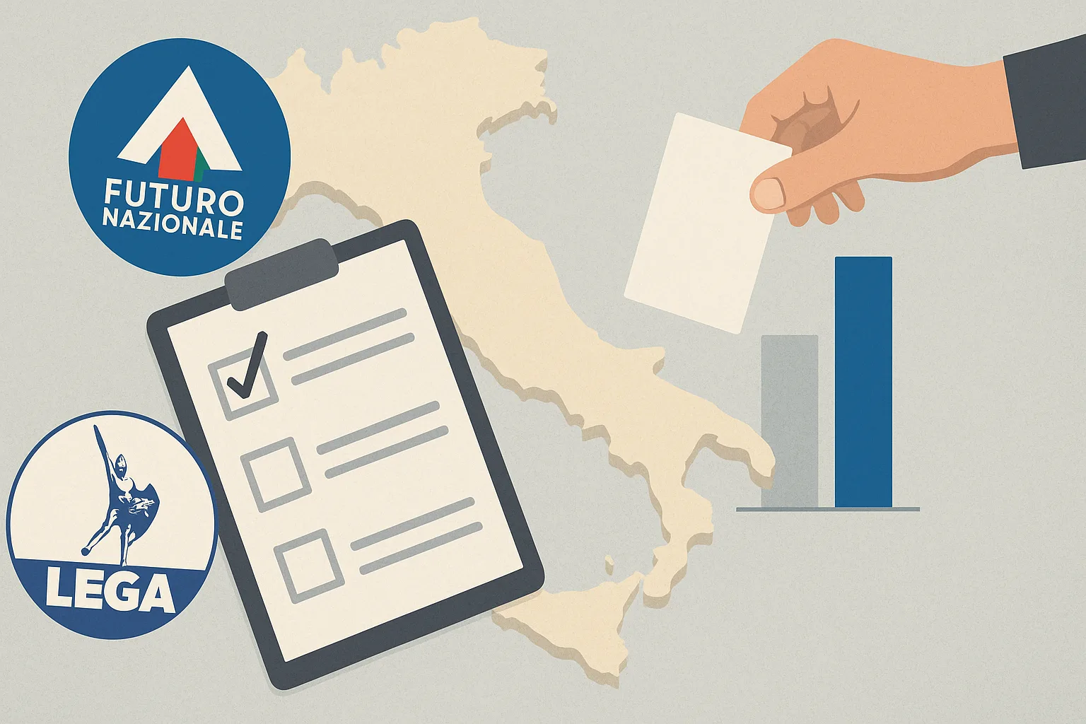 Rappresentazione grafica di un sondaggio politico con simboli dei partiti Futuro Nazionale e Lega su una mappa d'Italia