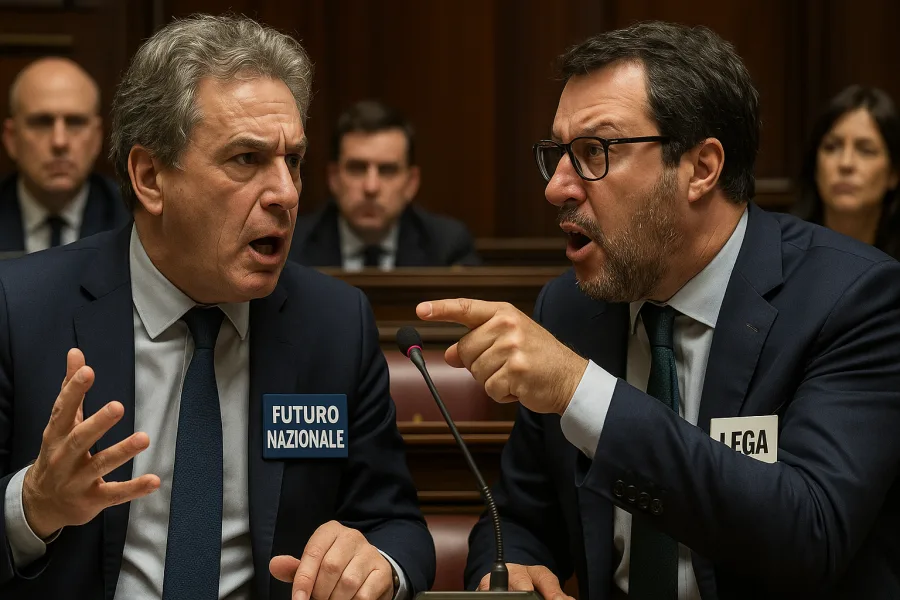 Ritratto realistico di un dibattito politico tra esponenti di Futuro Nazionale e Lega in un’aula parlamentare