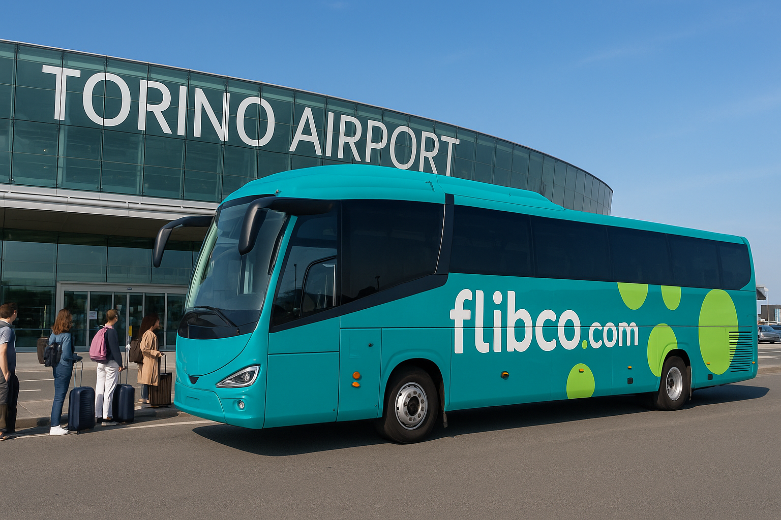 Un autobus Flibco moderno e colorato parcheggiato davanti al terminal di Torino Airport con viaggiatori in attesa, giornata luminosa e cielo