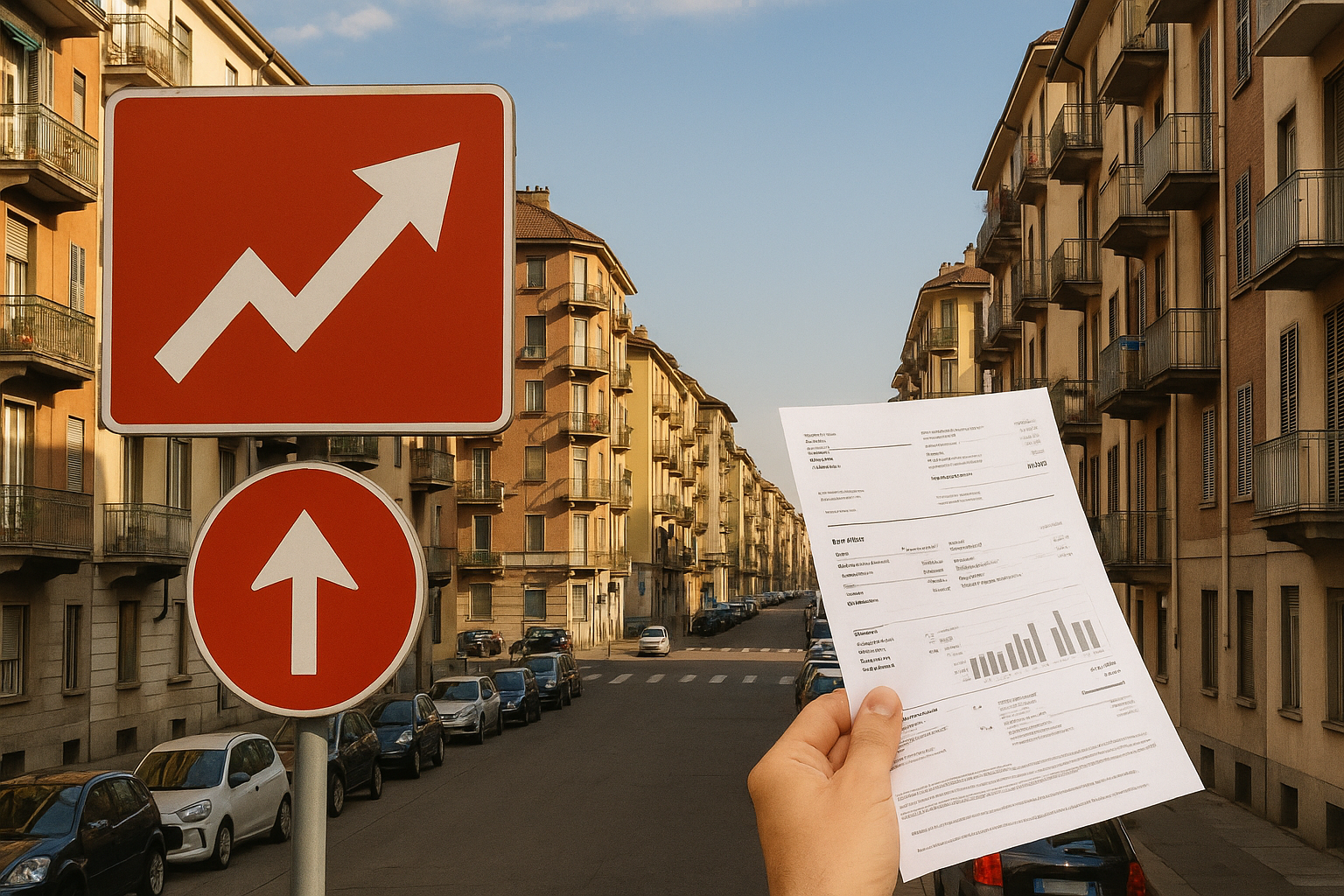 Scorcio urbano di Torino con abitazioni residenziali, segnali di aumento prezzi e bollette energia in evidenza