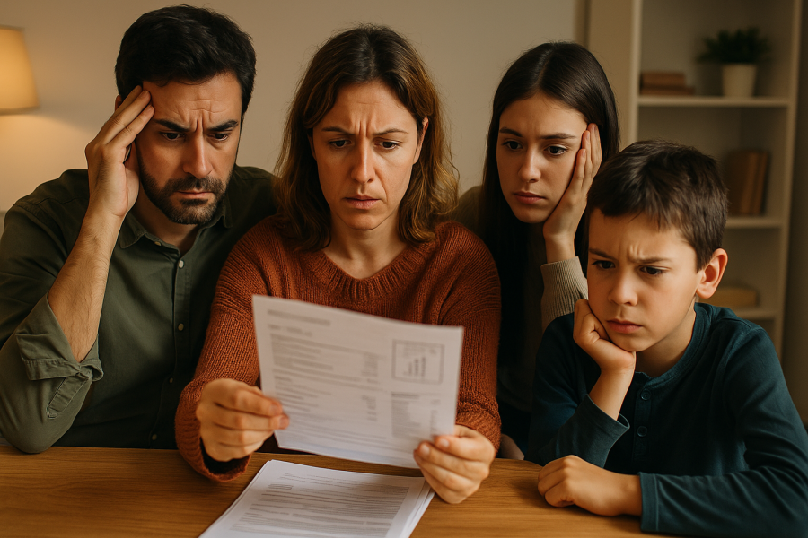 Una famiglia italiana che controlla le bollette energetiche a casa con espressioni preoccupate