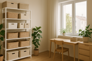 Una stanza di casa moderna, ordinata, con scaffali pieni di contenitori organizz