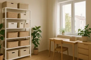 Una stanza di casa moderna, ordinata, con scaffali pieni di contenitori organizz