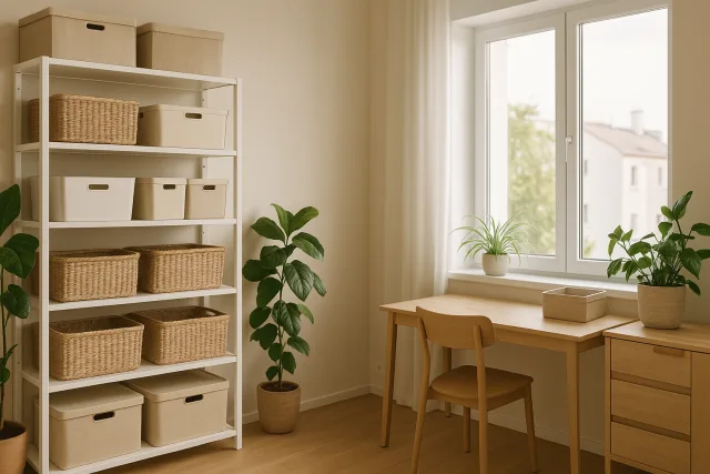 Una stanza di casa moderna, ordinata, con scaffali pieni di contenitori organizz