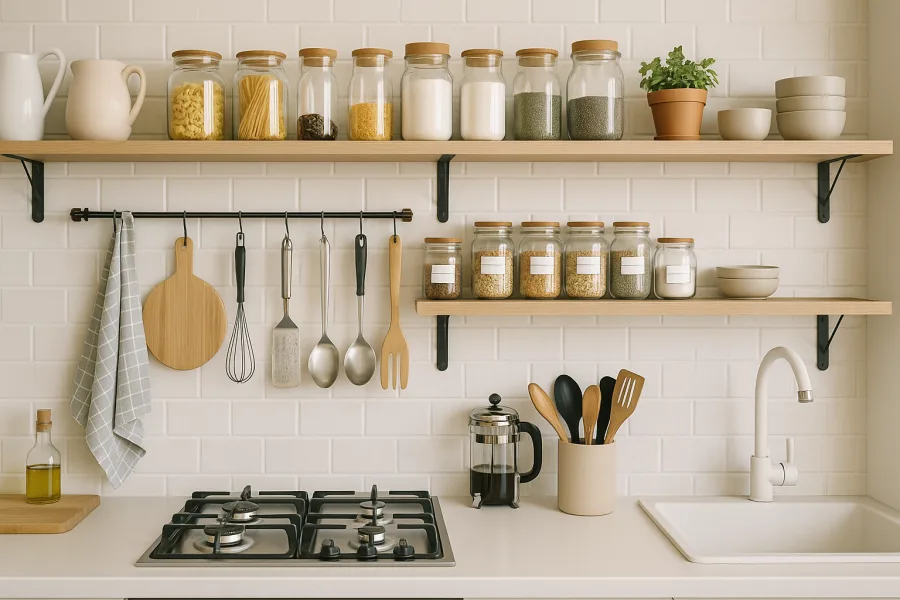 Una cucina ben organizzata, con utensili appesi ordinatamente e barattoli etichettati su mensole, ambiente luminoso e funzionale