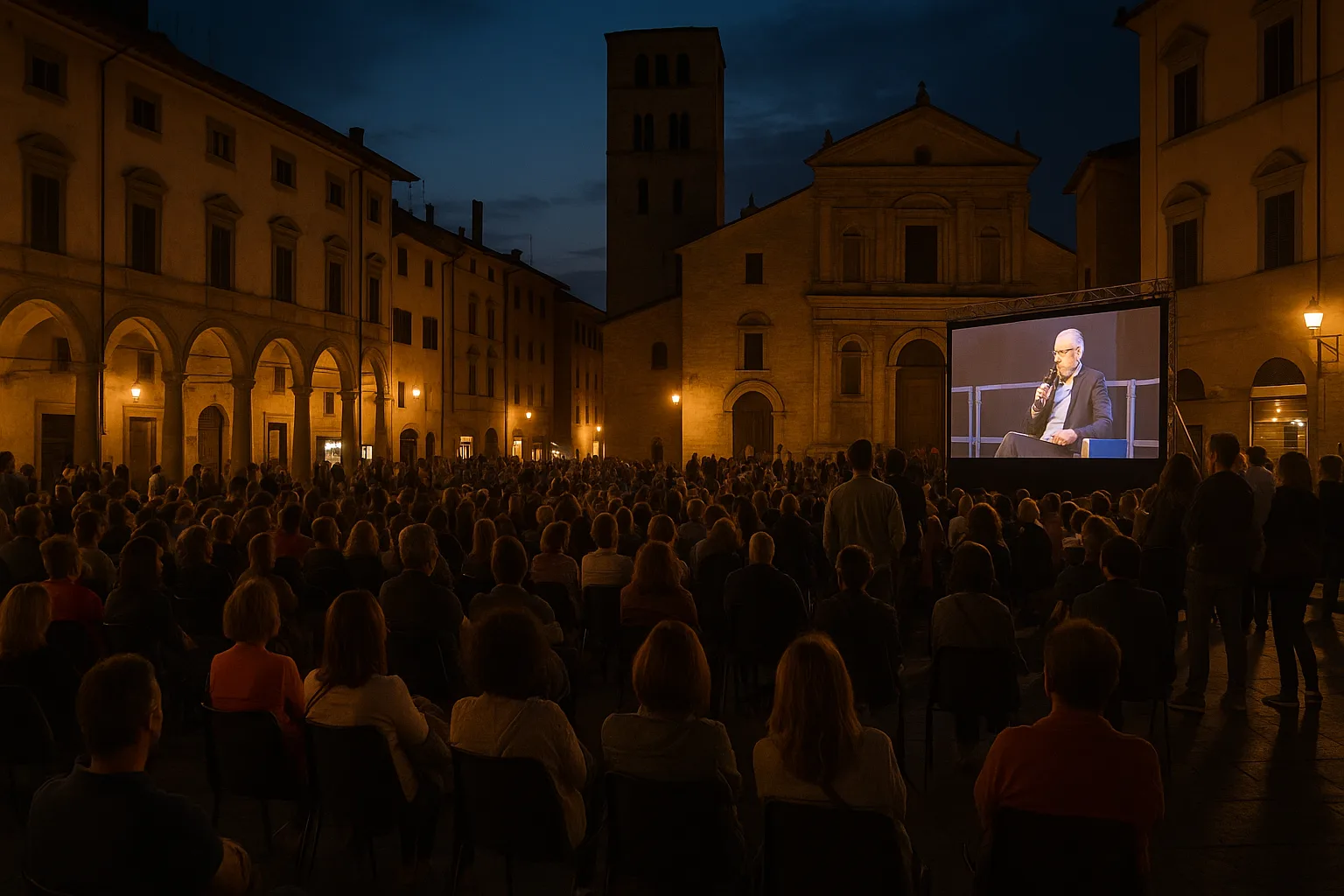 Una piazza italiana affollata in un evento culturale con un grande schermo che trasmette in diretta, atmosfera serale, luci calde, persone s