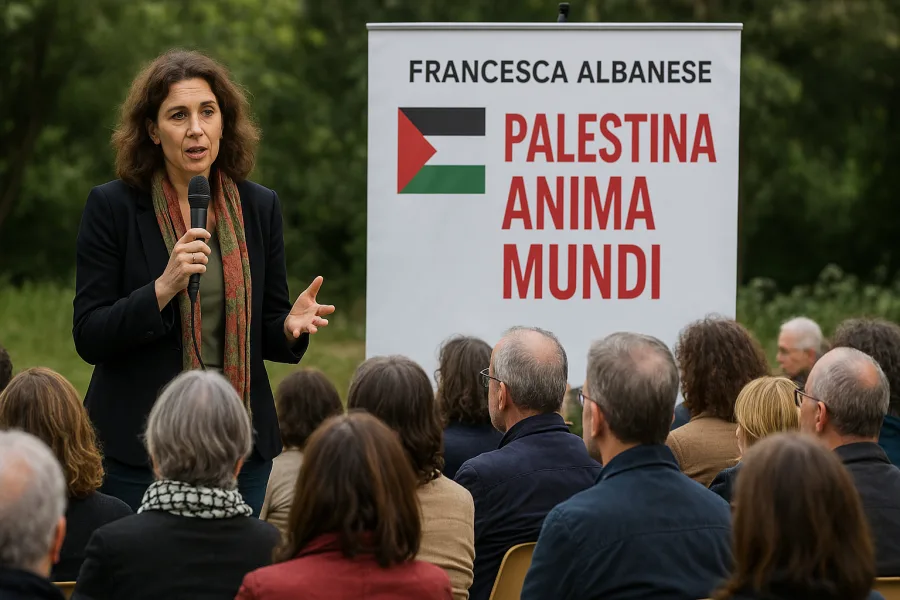 Francesca Albanese durante il suo intervento all'evento "Palestina Anima Mundi", con pubblico attento e ascoltante in uno spazio aperto