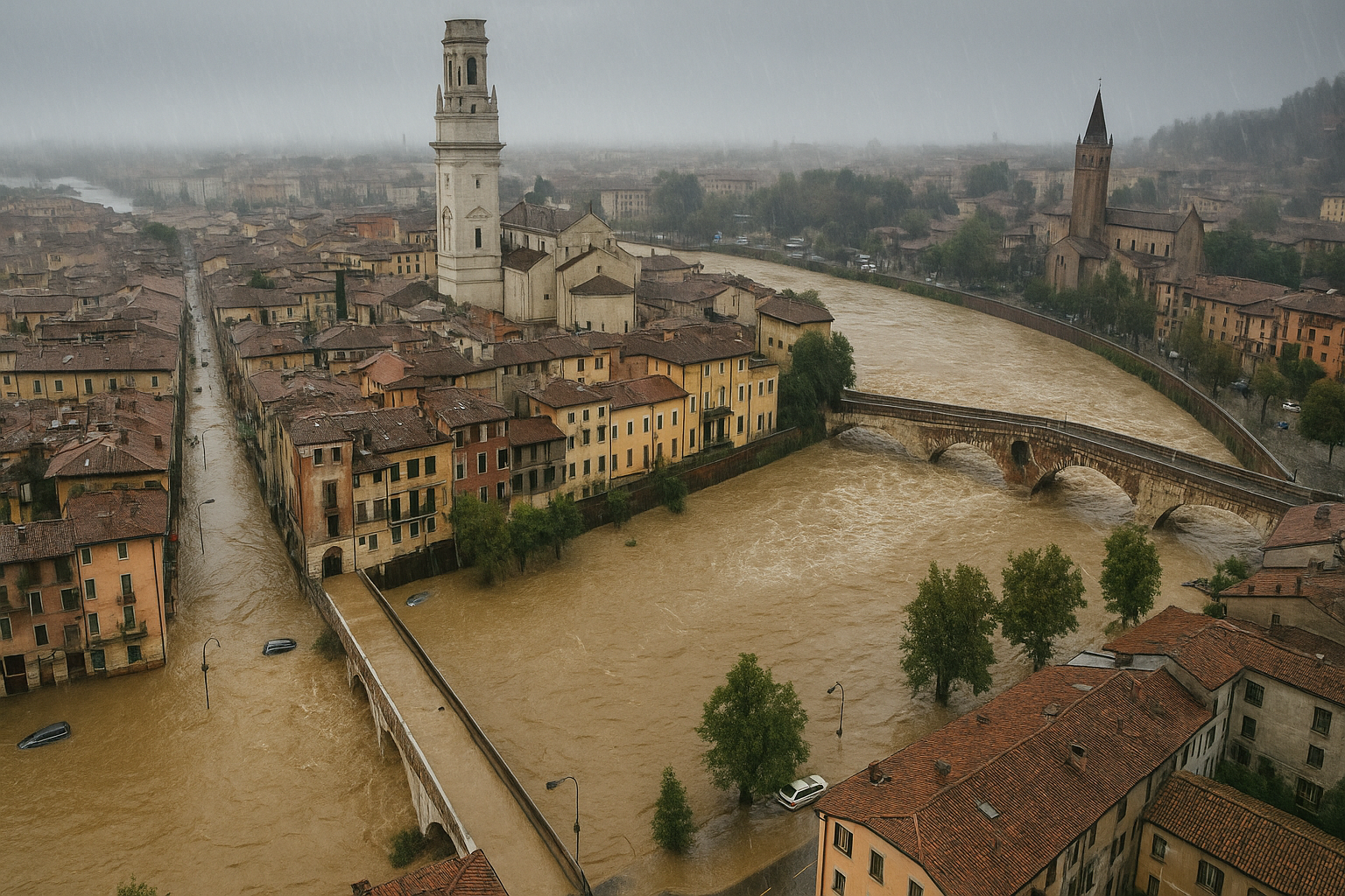 Veduta aerea di una città italiana colpita da forti piogge con strade allagate e fiumi in piena