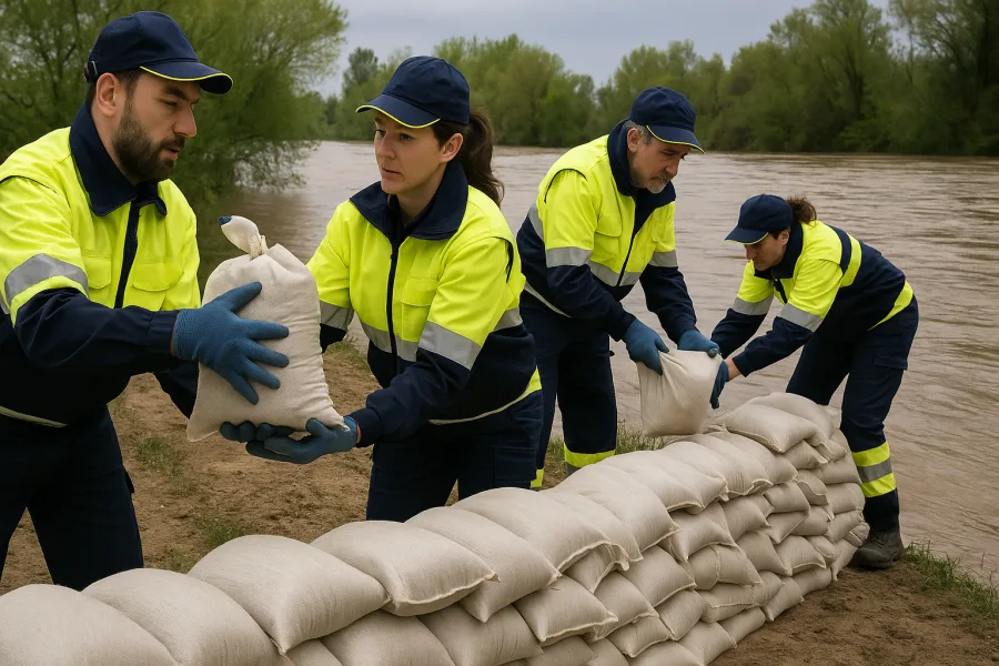 Volontari della protezione civile impegnati nella distribuzione di sacchi di sabbia per contenere l’onda di piena