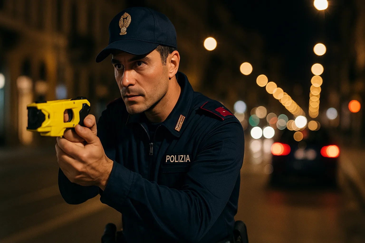 Fotografia realistica di un agente di polizia italiano che tiene in mano un taser durante un intervento urbano serale, con sfondo di strade