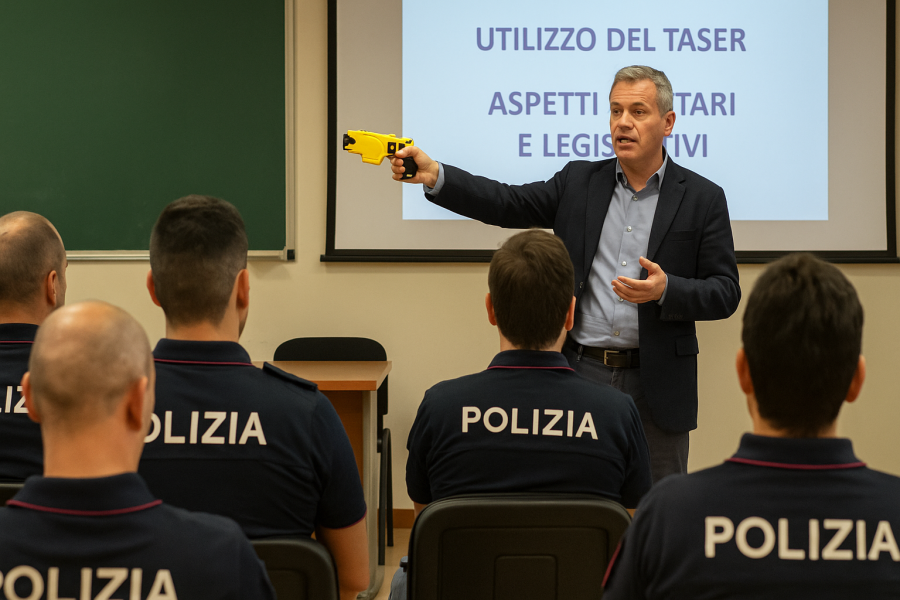 Momento di formazione di agenti di polizia italiani che apprendono l’uso sicuro del taser in aula, con attenzione agli aspetti sanitari e le