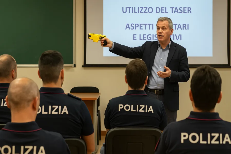 Momento di formazione di agenti di polizia italiani che apprendono l’uso sicuro del taser in aula, con attenzione agli aspetti sanitari e le