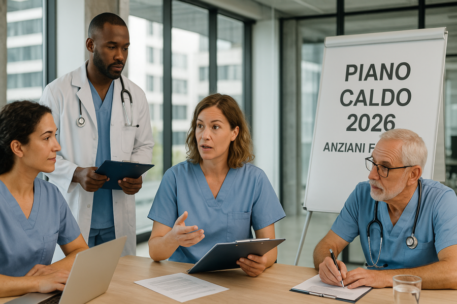 Operatori sanitari che discutono un piano di assistenza durante una riunione in un ufficio moderno, coordinando il Piano Caldo 2026 per anzi
