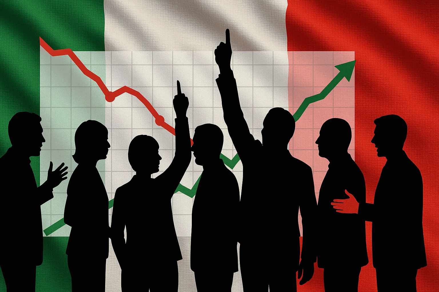 Rappresentazione simbolica del cambiamento politico in Italia, con grafici di sondaggi in crescita e decline, sfondo di bandiere italiane e
