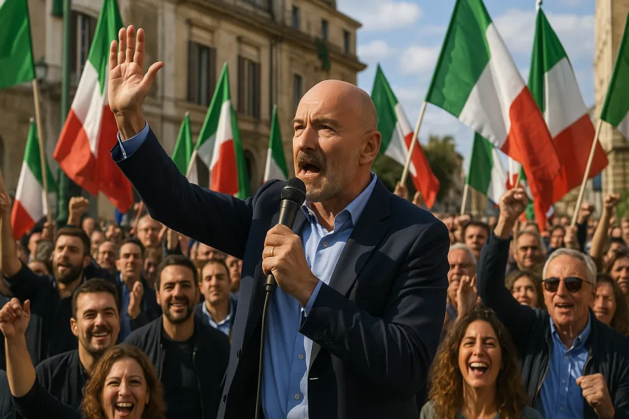 Antonio Vannacci in un comizio elettorale, circondato da sostenitori, con bandiere italiane visibili e atmosfera vivace