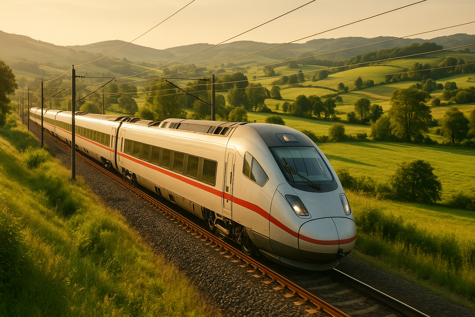 treno moderno in corsa attraverso paesaggi verdi e collinari europei, luce estiva calda, atmosfera di viaggio rilassante e sostenibile