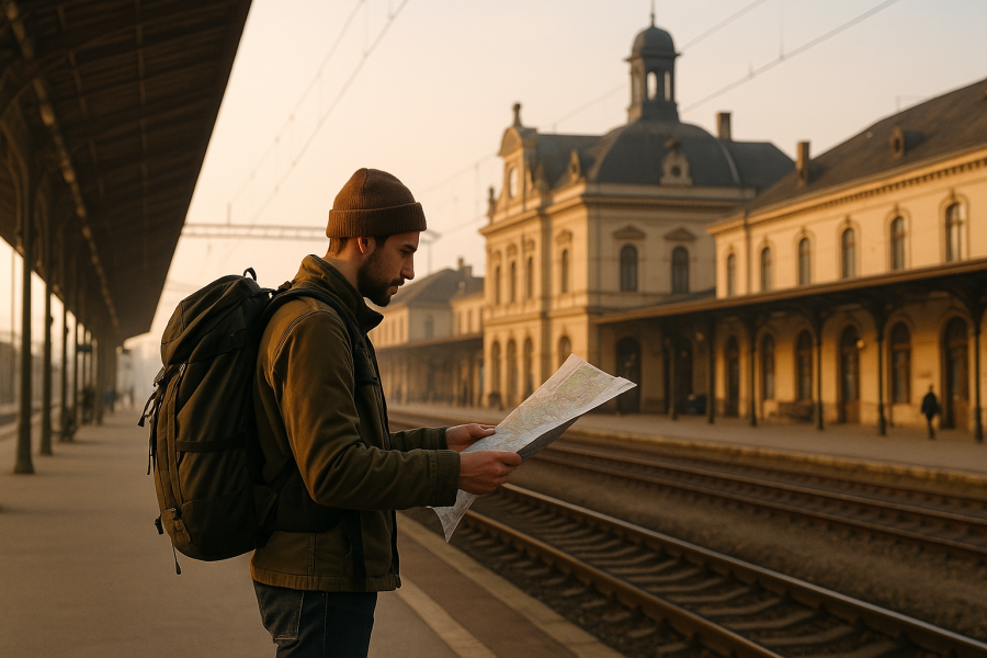 viaggiatore con zaino e mappa in mano alla stazione ferroviaria poco affollata di una città europea minore, architettura storica sullo sfond