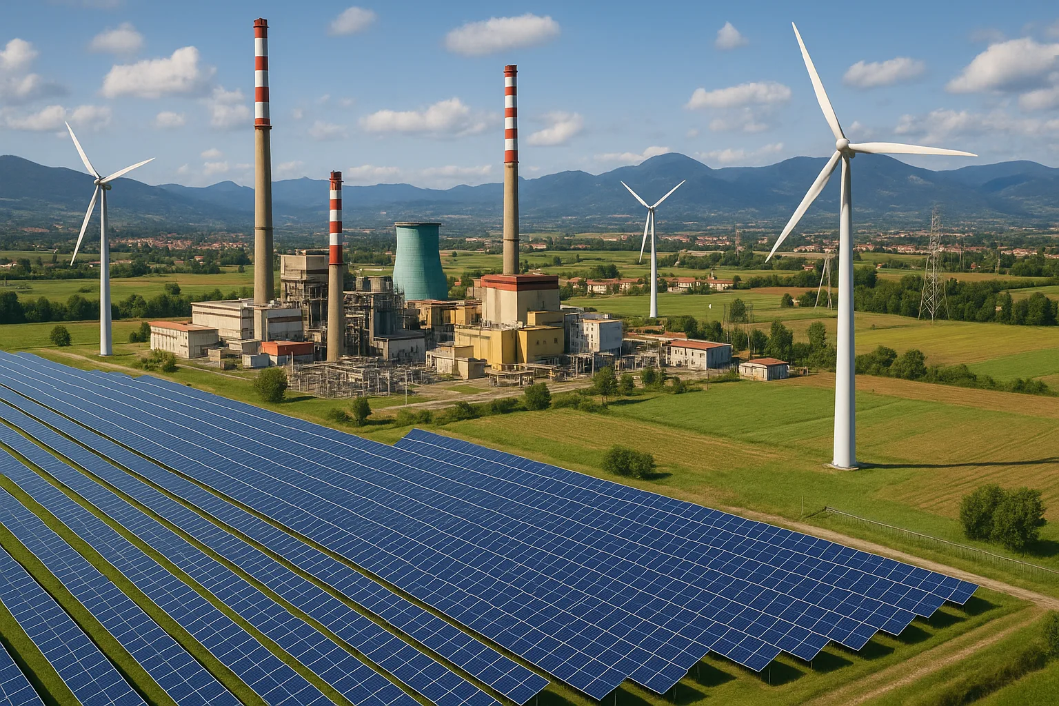 Una panoramica di una centrale elettrica moderna con pannelli solari e turbine eoliche in un contesto italiano