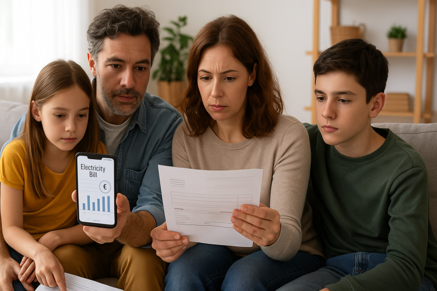 Una famiglia italiana che controlla la bolletta elettrica attraverso un'app sullo smartphone in un soggiorno luminoso